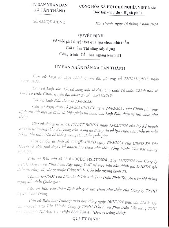 Long An: Gói thầu cầu bắt ngang kênh T1 được công bố kết quả sau 5 tháng Long An: Goi thau cau bat ngang kenh T1 duoc cong bo ket qua sau 5 thang