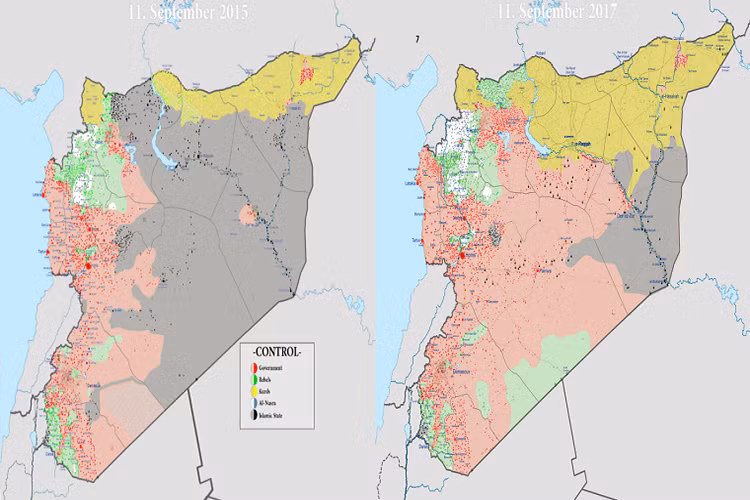 Nhìn lại trước tháng 9/2015, Quân đội chính phủ Syria và đồng minh bị các nhóm nổi dậy, các tổ chức khủng bố và cả phiến quân IS ép sát tới vùng duyên hải Syria và chính quyền Assad chỉ kiểm soát được tuyến đường giữa Latakia tới Damascus. Vào thời điểm đó họ chỉ kiểm soát được hơn 20% lãnh thổ của chính đất nước mình. Nguồn ảnh: Wiki.