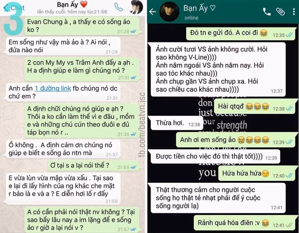 D.V còn “cao tay” đến mức dựng lên rất nhiều đoạn chat, ảnh chụp tin nhắn của cô và “bạn trai ảo”, qua đó khoe rằng bạn trai cô là người Hàn Quốc nhưng đọc thông, viết thạo và nói sõi tiếng Việt đến nhường nào.