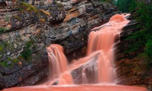 Nếu đến thăm thác nước Aameron Falls, tại Vườn quốc gia Waterton Lakes, Canada vào tháng 6 bạn sẽ thấy được dòng nước màu đỏ vô cùng kỳ lạ.
