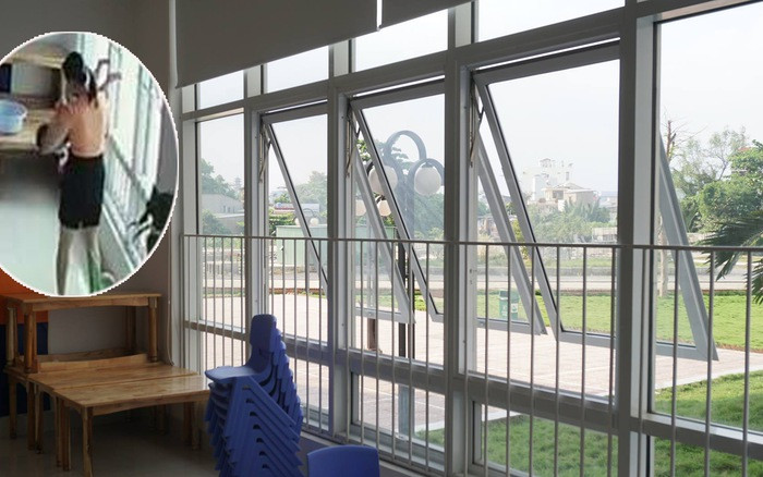 Khi các trẻ đang ngồi trong bàn ăn, phía cửa sổ hình ảnh một phụ nữ dùng hai tay nhấc cao một bé nhỏ ra hướng cửa sổ. Hình ảnh thứ hai, người này tiếp tục dốc đầu trẻ xuống dưới, hai chân trẻ ngược lên trên.