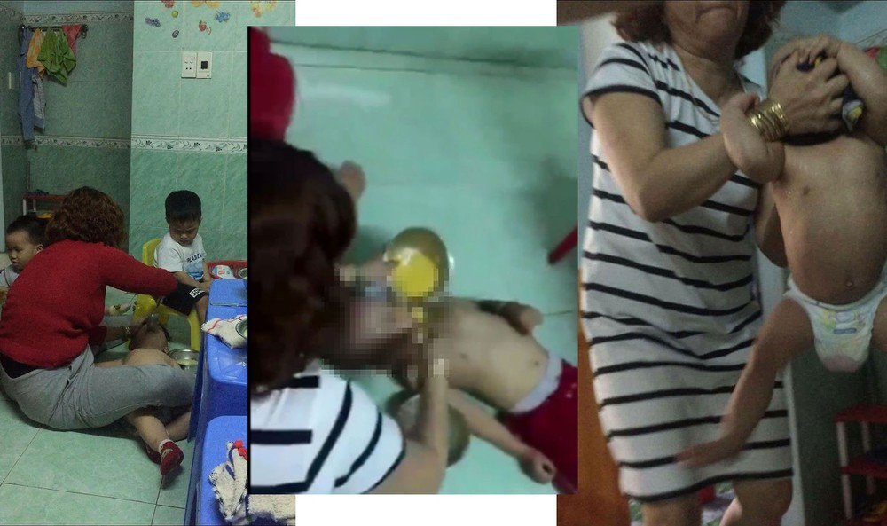 Khi bé trai ăn chậm thì người phụ nữ mặc áo trắng kẻ đen lập tức dùng tay tát mạnh vào miệng đứa trẻ. Khi thấy bé trai khóc, người phụ nữ này còn vứt chiếc khăn phủ lên mặt bé. Thậm chí, có hình ảnh ghi lại cảnh người phụ nữ dùng 2 tay bóp vào mặt đứa trẻ xách lên.