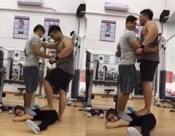 Mới đây, cư dân mạng vô cùng choáng váng với bức ảnh cô gái nhỏ bé nằm xoạc chân để hai thanh niên lực lưỡng có cân nặng lên tới 176kg dẫm lên cơ thể.