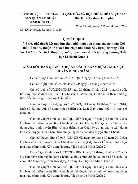 TP HCM: 11 ngay, Cty Thanh Phat trung lien tiep 3 goi thau thiet bi truong hoc