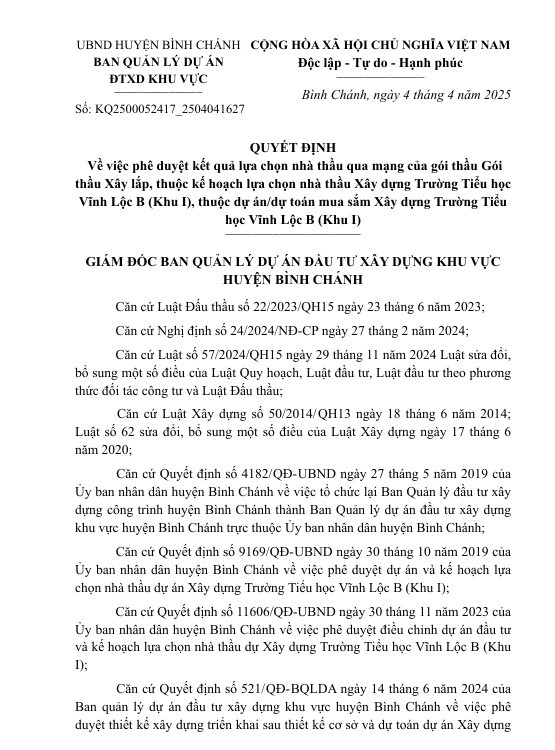 Liên danh 2 thành viên trúng gói thầu xây trường TH Vĩnh Lộc B hơn 110 tỷ Lien danh 2 thanh vien trung goi thau xay truong TH Vinh Loc B hon 110 ty
