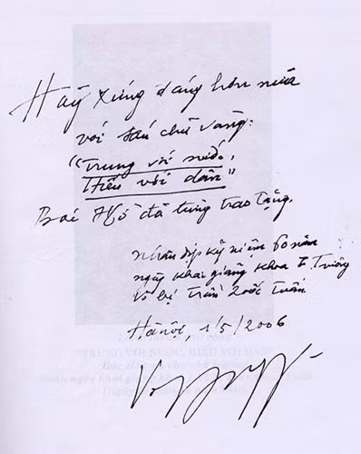 Bút tích của Đại tướng nhân dịp kỷ niệm 60 năm ngày khai giảng khóa I trường Võ bị Trần Quốc Tuấn.