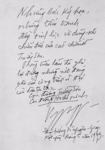 Bút tích của Đại tướng sau khi đến thăm Triển lãm Đường Trường Sơn của Họa sĩ Đức Dụ tại Hà Nội tháng 5/1993.