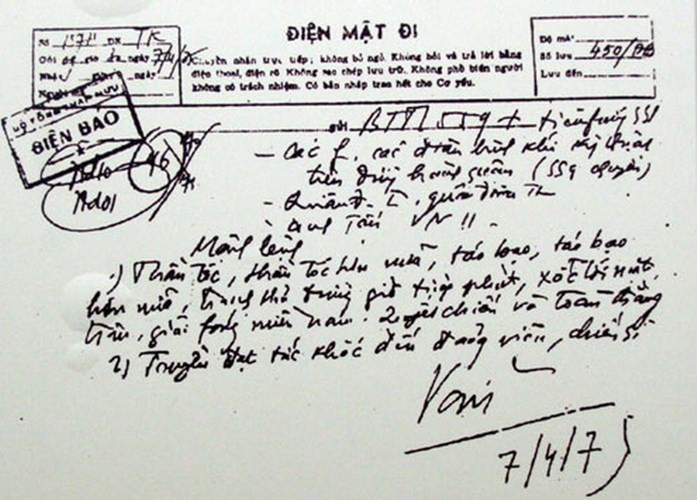 Điện mật với mệnh lệnh nổi tiếng của Đại tướng Võ Nguyên Giáp ngày 7/4/1975: "Thần tốc, thần tốc hơn nữa. Táo bạo, táo bạo hơn nữa".