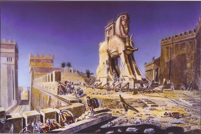 Cuộc chiến thành Troia diễn ra trong 10 năm mà không bên nào giành thắng lợi. Cuối cùng, người Hy Lạp dùng kế ngựa gỗ hạ được thành. Theo sách "100 trận đánh lẫy lừng trong lịch sử", tướng Hy Lạp là Odysseus nghĩ ra diệu kế, làm con ngựa gỗ khổng lồ, cho binh sĩ nấp bên trong rồi giả vờ kéo quân về. Người dân thành Troia thấy ngựa đẹp, đẩy vào thành. Lợi dụng đêm xuống, quân Hy Lạp thoát ra ngoài, trong ứng ngoài hợp, phá vỡ cổng thành, đánh bại thành Troia.