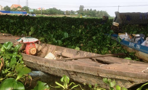 Nhiều ghe, xuồng khác cũng bị mắc kẹt suốt từ sáng đến trưa.