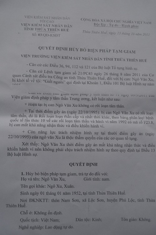 Quyết định hủy bỏ biện pháp tạm giam của Viện KSND tỉnh Thừa Thiên - Huế đối với Ngô Văn Xu. (Ảnh: Q.T)