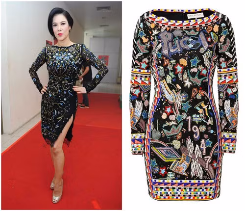 Danh sách váy áo hiệu còn được nối dài bởi thiết kế đầm ngắn Emilio Pucci ôm sát gợi cảm, kết đính công phu có giá niêm yết đến 185 triệu đồng.