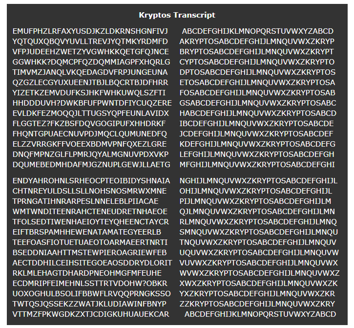 Bức điêu khắc Kryptos gồm 4 đoạn mã lớn tương đương với 4 thông điệp được mã hóa theo những cách khác nhau. Kể từ khi xuất hiện vào năm 1990, Kryptos đã thu hút các chuyên gia giải mã chuyên nghiệp và nghiệp dư tìm ra lời giải.