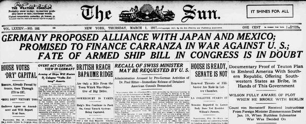 Theo đó, nội dung bức mật thư Zimmerman đề cập đến Mỹ - quốc gia ở thế trung lập vào thời điểm trên. Vì vậy, đến ngày 23/2/1917, Bộ trưởng Ngoại giao Anh Arthur James Balfour gửi nội dung bức mật thư trên cho đại sứ Mỹ tại Anh để chuyển nó tới tay Tổng thống Mỹ Woodrow Wilson.