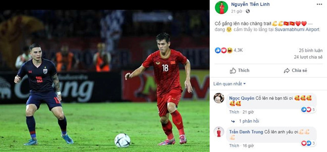 Sau trận đấu, cầu thủ Nguyễn Tiến Linh chia sẻ dòng trạng thái lo lắng. Anh chàng ngay lập tức nhận được sự động viên của đồng đội và bạn gái Ngọc Quyên. Ảnh chụp màn hình.