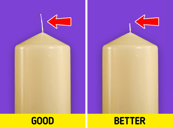 Sử dụng nến thơm, thi thoảng bạn nên cắt bớt dây ngòi. Dây ngòi dài sẽ khiến thanh nến tạo lửa lớn, nhanh hết sáp. Trong khi đó, phần ngòi ngắn sẽ giúp duy trì ngọn lửa vừa đủ để phòng luôn thơm, tiết kiệm sáp cho những lần sử dụng sau.