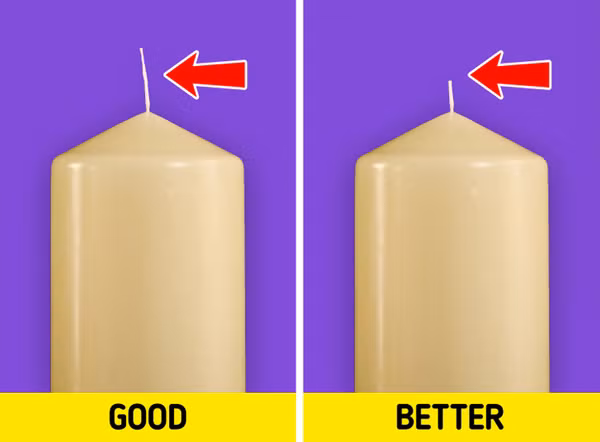 Sử dụng nến thơm, thi thoảng bạn nên cắt bớt dây ngòi. Dây ngòi dài sẽ khiến thanh nến tạo lửa lớn, nhanh hết sáp. Trong khi đó, phần ngòi ngắn sẽ giúp duy trì ngọn lửa vừa đủ để phòng luôn thơm, tiết kiệm sáp cho những lần sử dụng sau.