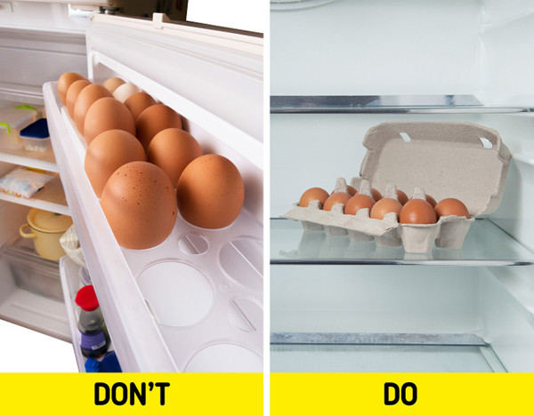 Ngăn chứa trên cửa tủ lạnh không phải là nơi lý tưởng để bảo quản trứng. Vị trí này nhiệt độ cao hơn những nơi khác trong tủ. Bên cạnh đó, cửa tủ liên tục đóng mở cũng khiến nhiệt độ ngăn chứa dao động, ảnh hưởng đến chất lượng trứng. (Nguồn: BS, minh họa)