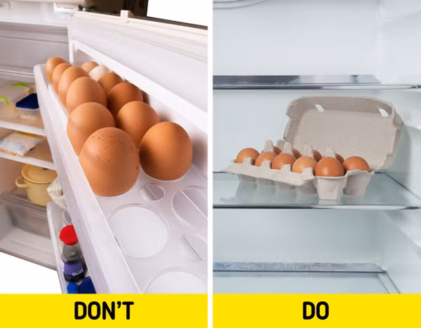Ngăn chứa trên cửa tủ lạnh không phải là nơi lý tưởng để bảo quản trứng. Vị trí này nhiệt độ cao hơn những nơi khác trong tủ. Bên cạnh đó, cửa tủ liên tục đóng mở cũng khiến nhiệt độ ngăn chứa dao động, ảnh hưởng đến chất lượng trứng. (Nguồn: BS, minh họa)