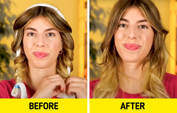 Muốn tạo lọn tóc xoăn không dùng nhiệt, bạn dùng dây áo choàng rồi xoắn tóc như hình, để qua đêm. Sáng hôm sau, bạn sẽ có mái tóc xoăn như ý để làm mới vẻ ngoài.