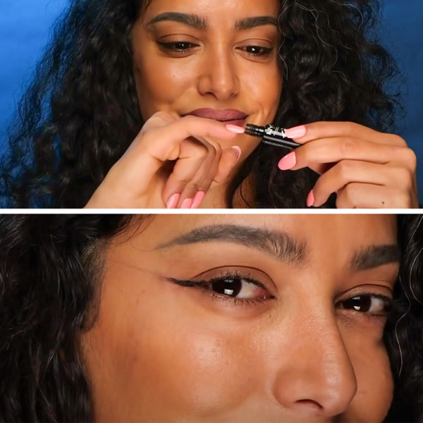 Kẻ mắt khá phức tạp với những người không makeup thường xuyên. Để đơn giản hơn, stylist hướng dẫn nhúng móng tay vào bút kẻ mắt dạng lỏng. Tiếp đó, vuốt móng tay từ khóe mắt ra ngoài.