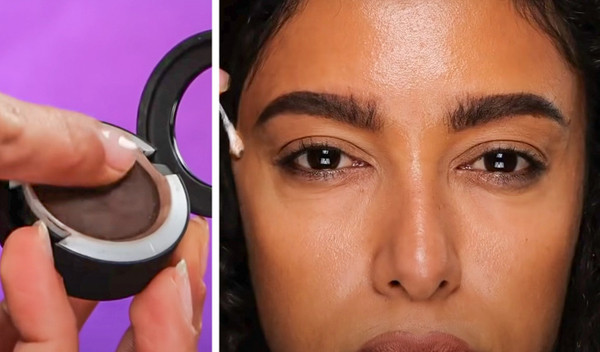 Tương tự, để vẽ lông mày không mất thời gian, bạn đặt ngón tay vào phấn mắt. Lướt ngón tay lên hai bên mày. Tiếp đó, nhẹ nhàng xóa phần màu bị lem ra ngoài là hoàn thiện.