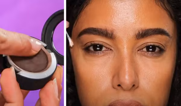 Tương tự, để vẽ lông mày không mất thời gian, bạn đặt ngón tay vào phấn mắt. Lướt ngón tay lên hai bên mày. Tiếp đó, nhẹ nhàng xóa phần màu bị lem ra ngoài là hoàn thiện.