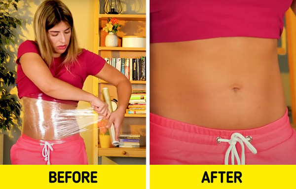Muốn vùng eo săn chắc, đường nét rõ ràng, bạn có thể dùng màng bọc thực phẩm quấn quanh bụng và đợi một thời gian. Khi loại bỏ phần nilong, bạn sẽ cảm thấy hài lòng hơn về vòng 2 của mình.