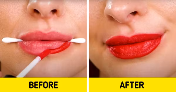 Chị em có thể tận dụng tăm bông để tô son dễ dàng hơn. Thủ thuật trang điểm đơn giản này sẽ giúp bạn có làn môi đỏ mọng, độ che phủ hoàn hảo.