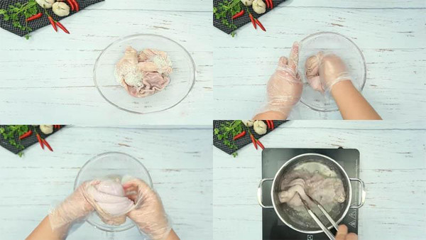 Đáng lưu ý, dạ dày là bộ phận tiêu hóa thức ăn nên có thể chứa chất bẩn, cần làm sạch kỹ lưỡng và khử mùi hôi. Ngoài bước rửa sạch với giấm, bạn nên bóp dạ dày với bột mì để bột hút bẩn, khử mùi hôi tối đa. (Ảnh: Bachhoaxanh)