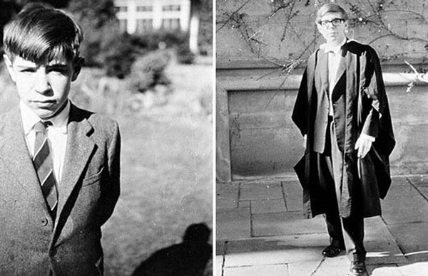 Stephen Hawking năm 12 tuổi (trái) và khi học tại trường Đại học Oxford vào năm 1962.