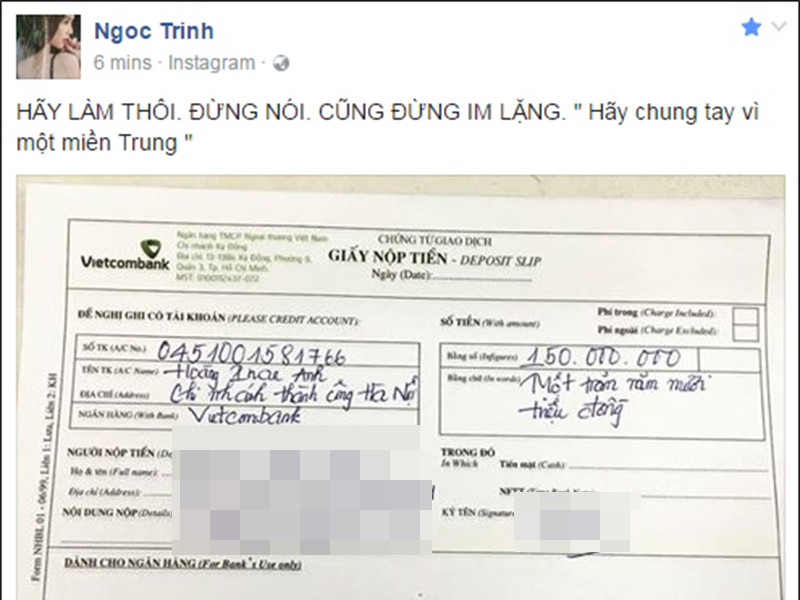 Năm 2016, Ngọc Trinh chuyển khoản 150 triệu đồng vào tài khoản từ thiện để giúp đỡ bà con miền Trung của MC Phan Anh.