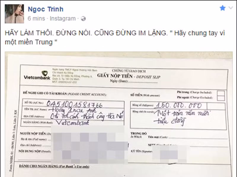 Năm 2016, Ngọc Trinh chuyển khoản 150 triệu đồng vào tài khoản từ thiện để giúp đỡ bà con miền Trung của MC Phan Anh.