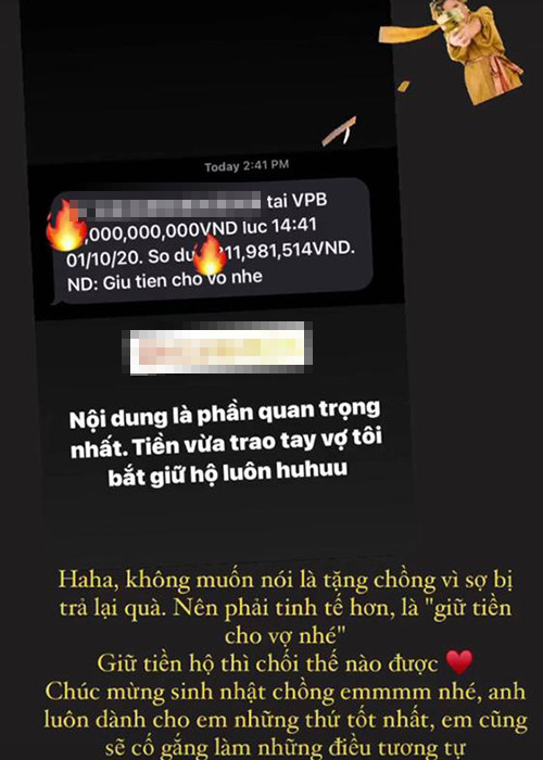 Được chiều chuộng, Kiều Anh tặng chồng số tiền lên đến hàng tỷ đồng kèm lời chúc mừng sinh nhật.