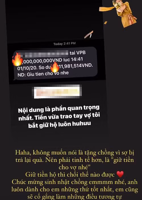 Được chiều chuộng, Kiều Anh tặng chồng số tiền lên đến hàng tỷ đồng kèm lời chúc mừng sinh nhật.