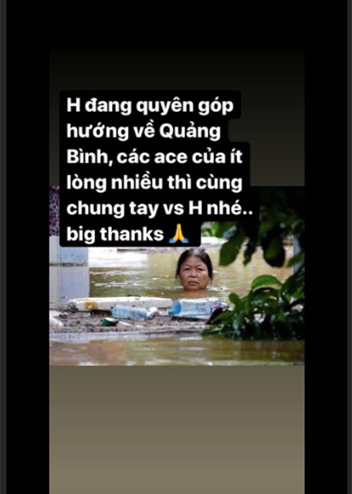 Á hậu Lệ Hằng vừa kêu gọi mạnh thường quân đóng góp cho quỹ ủng hộ miền Trung khắc phục thiên tai.