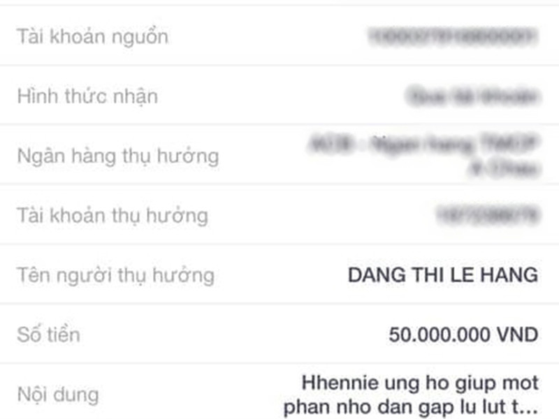 Hưởng ứng lời kêu gọi của Á hậu Lệ Hằng, H’hen Niê quyên góp 50 triệu đồng.