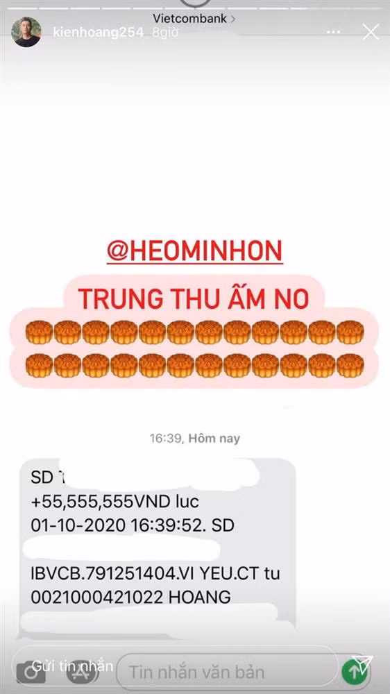 Trung thu năm nay, Heo Mi nhon cũng chơi lớn, chuyển khoản cho chồng hơn 55 triệu kèm nội dung: "Vì yêu".