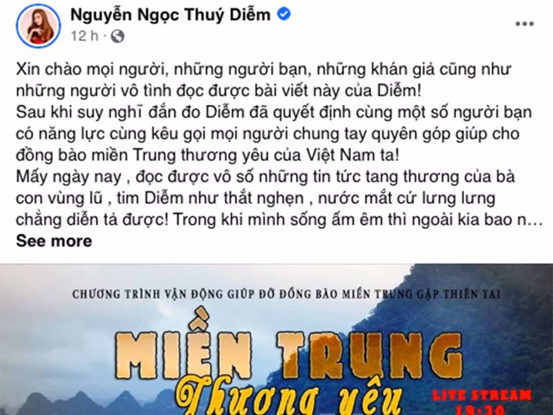 Diễn viên Thúy Diễm ủng hộ 20 triệu đồng và đứng ra kêu gọi quyên góp để trao tấm lòng của các nhà hảo tâm đến tận tay người dân miền Trung.