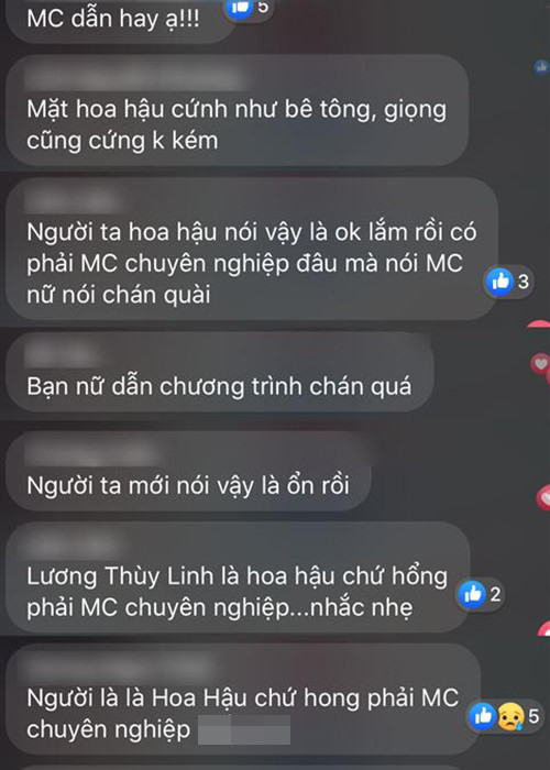 Bên cạnh những lời chê bai, một số khán giả cho rằng Lương Thùy Linh chưa có kinh nghiệm dẫn chương trình vì vậy nên thông cảm với nàng hoa hậu. Ảnh: Đất Việt