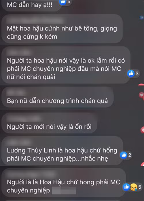 Bên cạnh những lời chê bai, một số khán giả cho rằng Lương Thùy Linh chưa có kinh nghiệm dẫn chương trình vì vậy nên thông cảm với nàng hoa hậu. Ảnh: Đất Việt