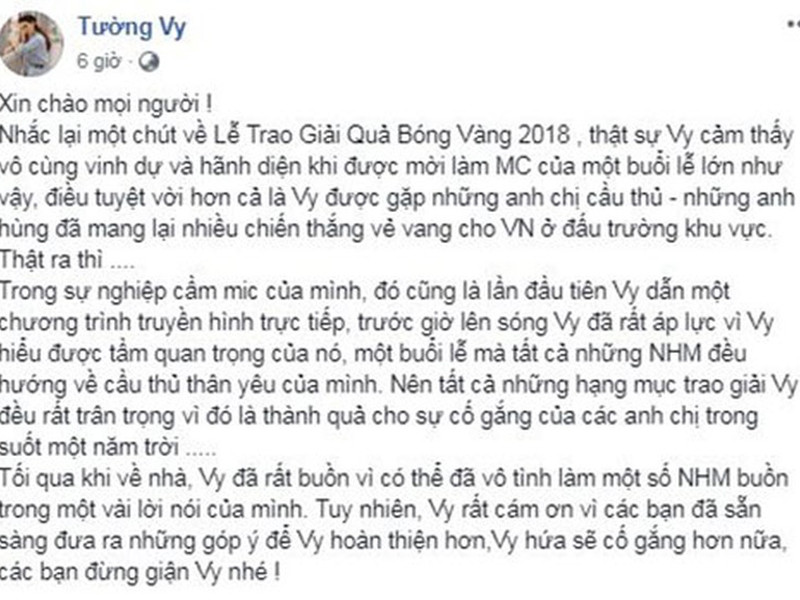 Trước làn sóng chỉ trích dữ dội, Tường Vy thanh minh do lần đầu dẫn chương trình truyền hình trực tiếp nên gặp áp lực.