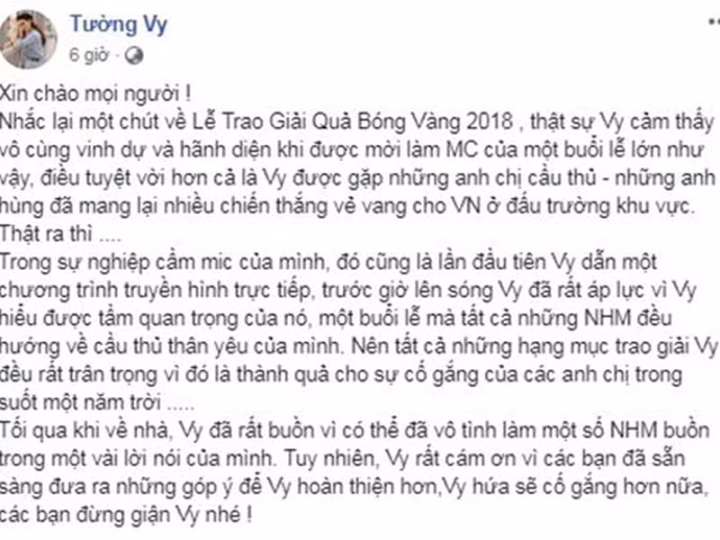 Trước làn sóng chỉ trích dữ dội, Tường Vy thanh minh do lần đầu dẫn chương trình truyền hình trực tiếp nên gặp áp lực.