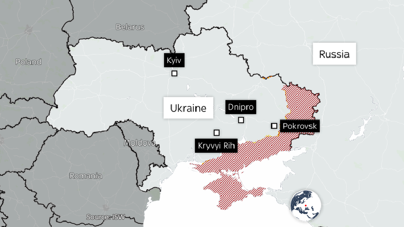 Kết hợp với khả năng sụp đổ của Kurakhove và Velyka Novosilka, hai thành trì của Ukraine đang bị tấn công ở phía nam, việc chiếm được Pokrovsk có thể mở đường cho một cuộc tiếp quản hoàn toàn của Nga đối với nửa phía nam tỉnh Donetsk. Nó cũng có thể mở ra một con đường cho các cuộc tấn công mới vào tỉnh Dnipropetrovsk lân cận, theo các nhà phân tích. Ảnh: Sky News.