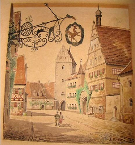 7. “Town Scene with Unusual Store Sign Post”: Đây là một trong những bức họa Hitler vẽ khi còn ở Vienna. Nét nổi bật trong các họa phẩm thời kỳ này là kiến trúc của các tòa nhà ở Vienna. Điều kỳ lạ ở đây là Hitler đã vẽ bức rèn sắt khá gần và ông cũng vẽ nó 2 lần. Hơn nữa, khung cảnh thành bình tại khu phố này khiến không ít người nhớ đến vụ càn quét Kristallnacht (còn gọi là Đêm thủy tinh) của Đức quốc xã đối với người Do Thái năm 1938.