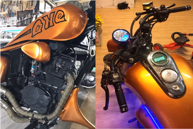 Một số chi tiết được độ lại táo bạo phải kể đến bình xăng cắt gọt tạo hình dáng thon gọn.Trên nắp bình xăng còn được gắn thê đồng hồ báo giờ đi kèm với đồng hồ báo tốc độ và báo số điện tử. Thân xe chủ yếu được sử dụng chất liệu kim loại thay vì nhựa.