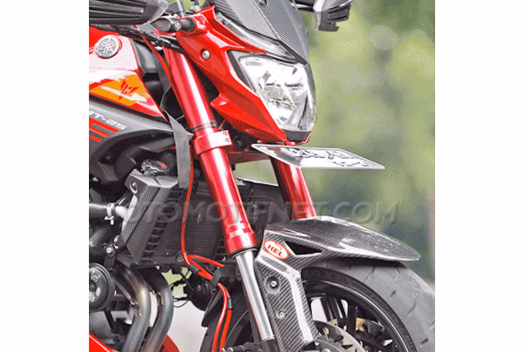 Hãng độ đã thay phuộc ống lồng nguyên bản của MT-25 thành cặp phuộc đồ chơi USD do NUI Racing Project sản xuất. Đồng thời, cặp phuộc được lựa chọn màu đỏ để phù hợp với màu sắc của xe. Hệ thống phanh được độ lại tốn kém nhất với phanh đĩa kép cho bánh trước.