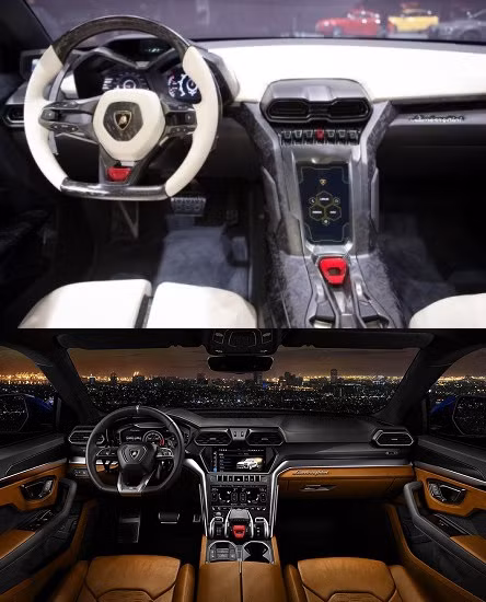 Bên trong nội thất của cả 2 phiên bản này cũng được hãng siêu xe Lamborghini thiết kế khác nhau hoàn toàn. Nếu như bản concept (trên) là sự tối giản mang phong cách của Reventon chỉ với 1 màn hình tiện ích duy nhất cùng 2 tông màu trắng và xám thì phiên bản thương mại (dưới) lại mang đậm hơi hướng của mẫu Aventador với màu sắc đa dạng hơn.