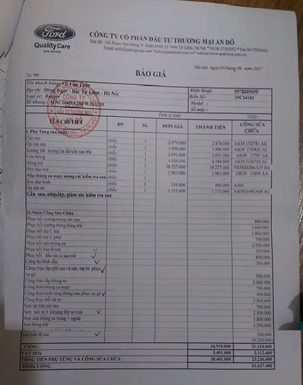 Báo giá sửa chữa xe của Ford An Đô với chiếc xe của anh Tuấn.