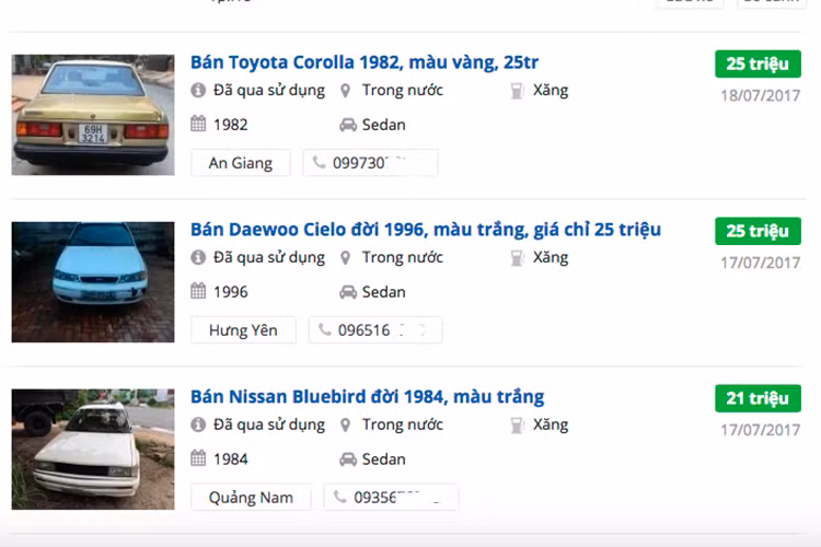 Trên các diễn đàn mua bán xe ôtô cũ uy tín tại Việt Nam, nhiều mẫu xe ôtô đời 8x, 9x hiện đang được rao bán khá nhiều. Mức giá niêm yết tại đây chắc chắn sẽ khiến nhiều người mua xe không tin là thật (ảnh chụp màn hình từ một diễn đàn mua bán xe hơi tại Việt Nam).